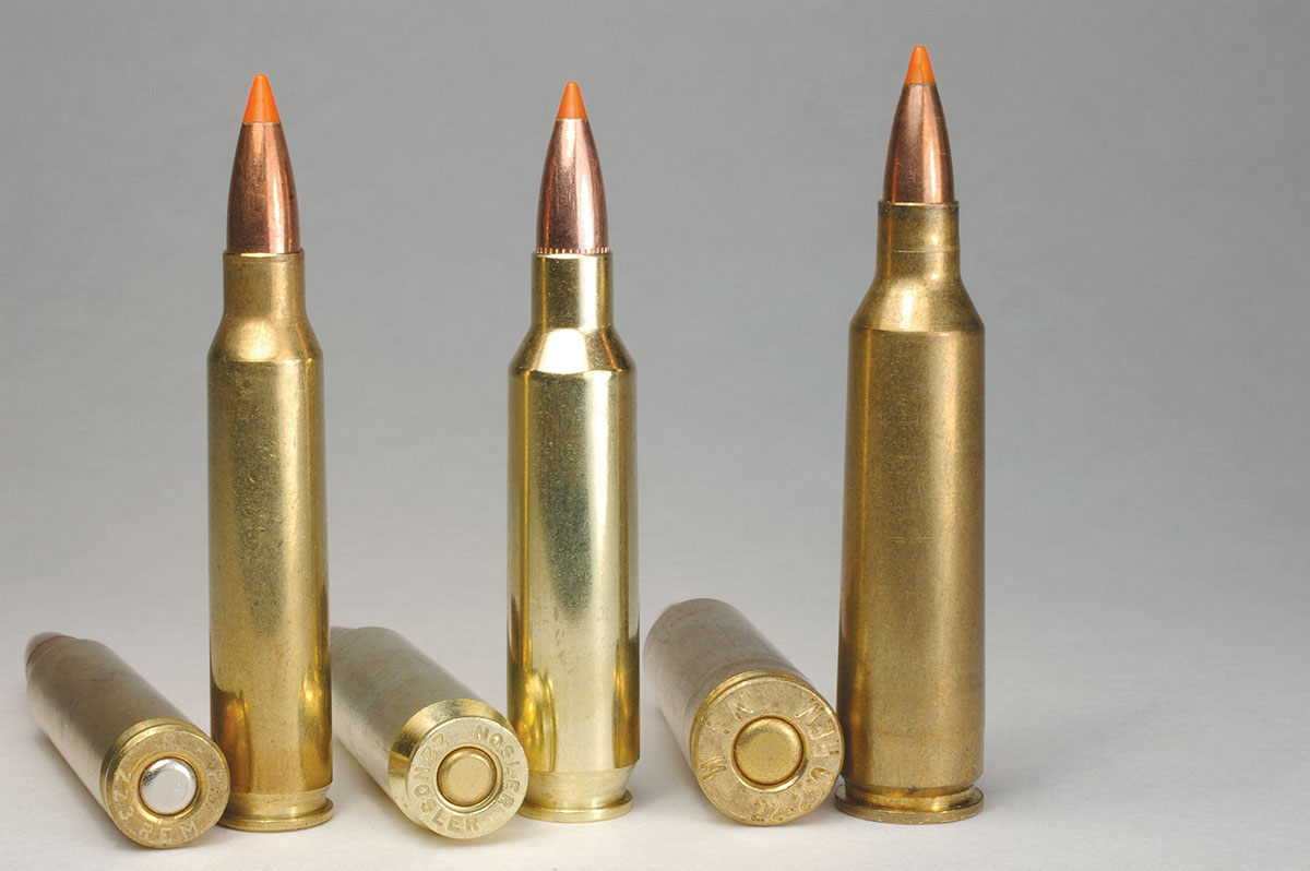 The 22 Nosler’s (center) ballistics put it on the fast side of the 223 Remington (left) and on the slow side of the 22-250 Remington (right).